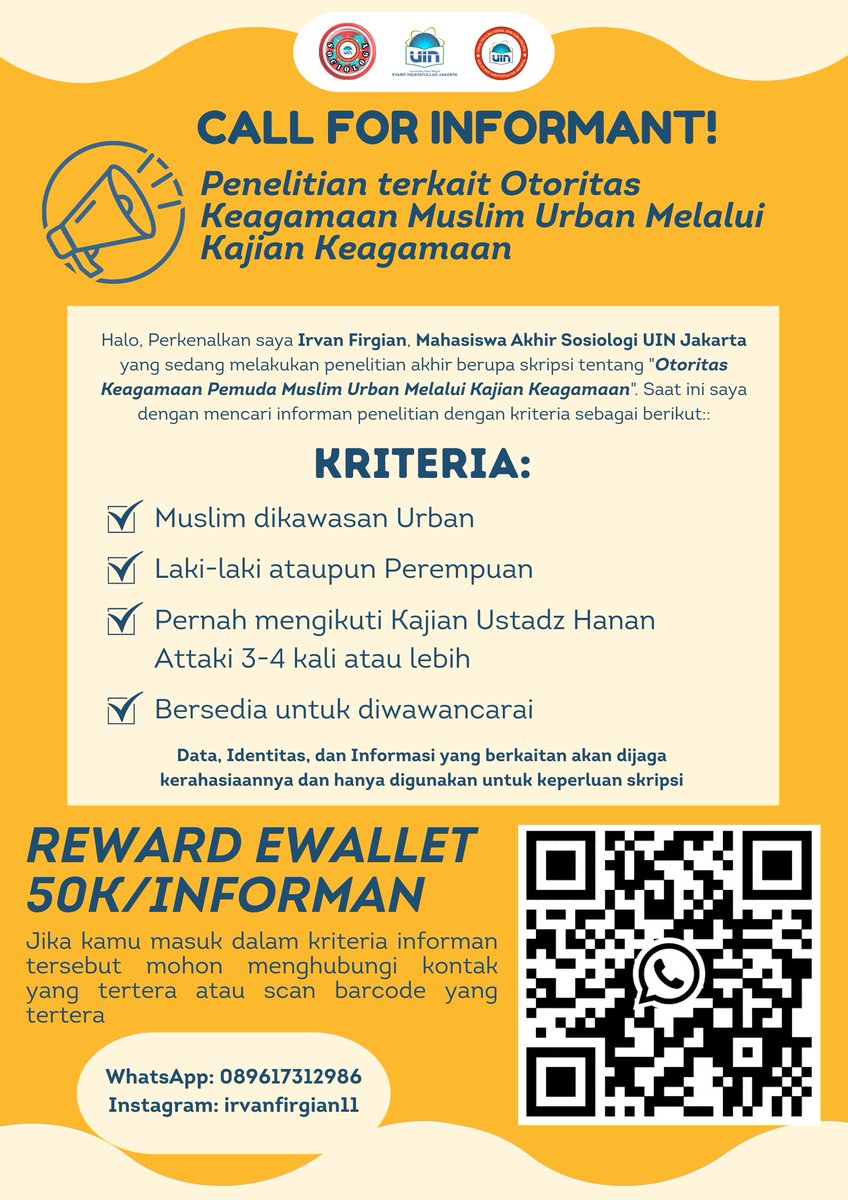 FirgianIrvan's tweet photo. Halo temen², aku Irvan Firgian mahasiswa akhir jurusan Sosiologi UIN Jakarta yang lagi skripsian. Skripsiku tentang otoritas keagamaan muslim urban. Aku butuh informan dengan kriteria pernah mengikuti kajian Ustadz Hanan Attaki sebanyak 3-4 kali atau lebih ya #zonauang #bealanja https://t.co/ckKhyWUHsB