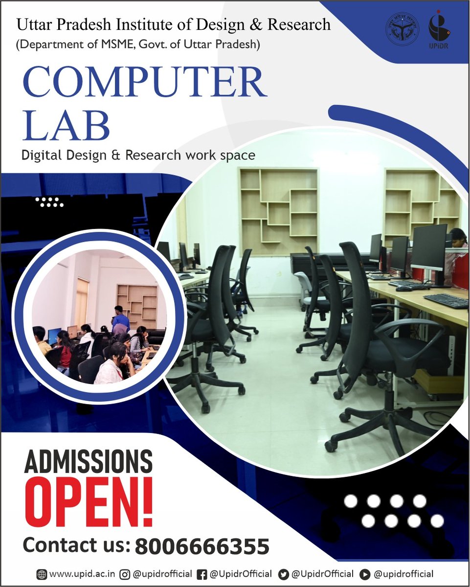 UpidrOfficial's tweet photo. UPIDR Admissions Open | Advanced Computer Lab Facilities Available
Unlock your creative and technical potential at the Uttar Pradesh Institute of Design & Research (UPIDR), Lucknow, where innovation is powered by technology.
Our advanced computer labs are equipped with modern systems, industry-standard software, high-speed connectivity, and digital design tools to support learning, experimentation, and professional skill development. Designed to meet the evolving demands of the design industry, these labs provide students with hands-on experience in digital design, visualization, research, and creative problem-solving.
At UPIDR, students gain practical exposure to contemporary technologies and software platforms, enabling them to transform ideas into innovative design solutions. The computer labs serve as a collaborative space where creativity, technology, and design thinking come together to prepare students for successful careers in the creative industries.
Why Choose UPIDR?
📷 Government Institute under the Department of MSME, Govt. of Uttar Pradesh
📷 Industry-oriented Design Education
📷 Advanced Computer Labs with Modern Software & Technology
📷 State-of-the-Art Campus Infrastructure
📷 Creative and Collaborative Learning Environment
📷 Focus on Innovation, Digital Skills & Professional Development
Admissions Open – Apply Now!
Take the first step towards a future driven by creativity, technology, and innovation. Join UPIDR and gain the digital skills, industry exposure, and practical experience needed to excel in the world of design.
UPIDR – Designing Futures, Inspiring Innovation.
#UPIDR #AdmissionsOpen #DesignCourses #MDes #BDes #FashionDesign #InteriorDesign #AICTEApproved #AKTU #BTE
#MasterOfDesign #BachelorOfDesign #BachelorOfFashionAndApparelDesign #ApparelDesign #CostumeDesign #CraftTechnology #GarmentTechnology #DesignEducation #FutureDesigners #CreativeCareers #StudyDesign #LucknowDesignCollege