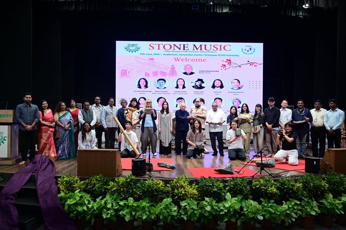 KIITUniversity's tweet photo. Stone Music came alive at KIIT today, bringing together sound, rhythm, nature and creativity in a unique cultural experience.

We were delighted to host Mr. Tokio Hasegawa, Director of Mithila Museum, Japan, along with twelve musicians and performers as part of the Stone Music India Tour 2026.

The performance gave our students and staff a rare opportunity to experience an artistic form where stones become instruments of expression, connecting music with nature and human imagination.

Mr. Hasegawa’s long association with Indian art and culture, especially his contribution to preserving and promoting Mithila paintings in Japan, made this visit deeply meaningful.

KIIT is happy to be part of this special cultural exchange between India and Japan, celebrating art, music, learning and friendship.
