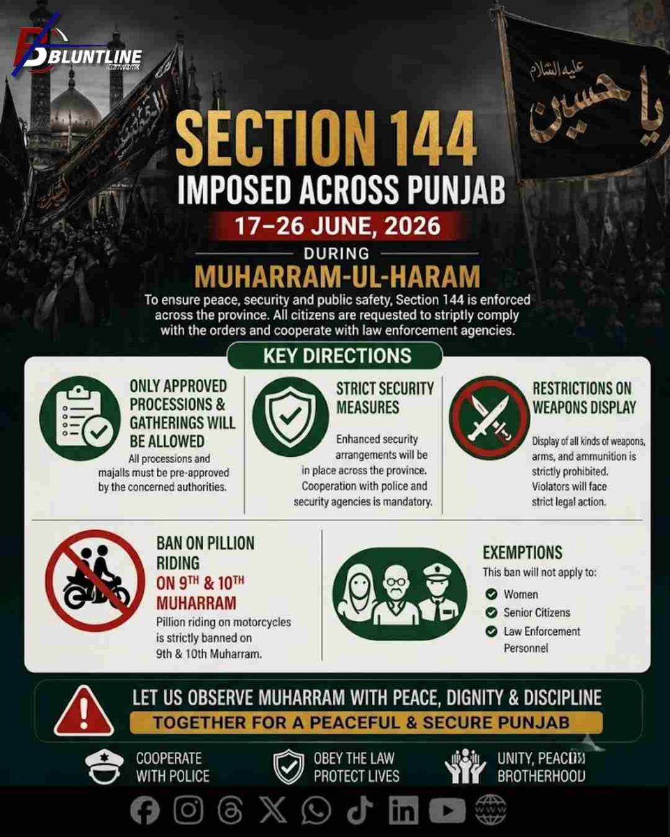 bluntlinepk's tweet photo. Punjab imposes Section 144 across the province during Muharram (June 17–26), allowing only approved processions with strict security and restrictions, including a pillion riding ban on 9th &amp; 10th Muharram
#Muharram2026 #PunjabSecurity #Section144 #LawAndOrder #MuharramProcessions https://t.co/o8KeivtI8K