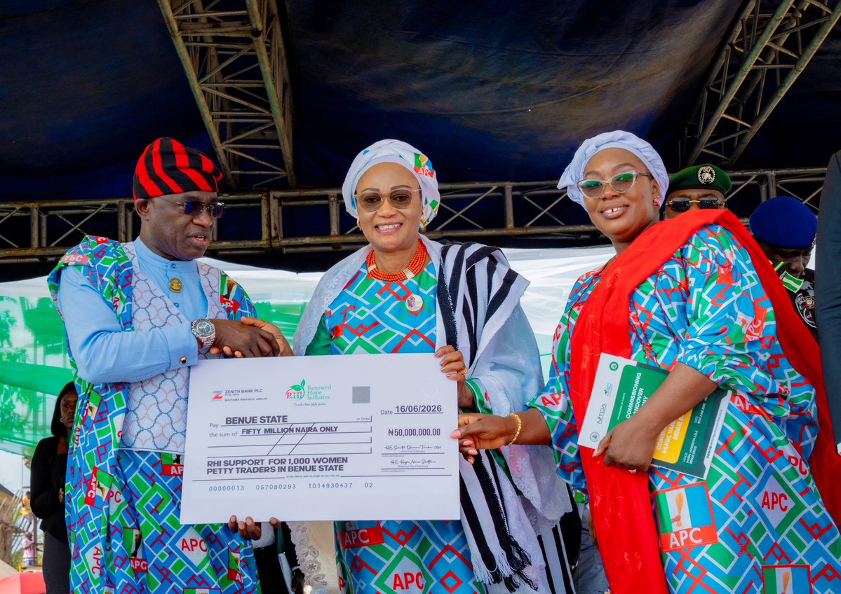 RemiRETSO's tweet photo. FIRST LADY OF NIGERIA, SENATOR OLUREMI TINUBU, @SenRemiTinubu on Tuesday 16th June,  2026 commissioned 10 newly completed intra-city road projects in Makurdi, Benue State, spanning approximately 11.5 kilometres under the state’s Phase I Urban Renewal Programme.

She described the projects as a clear demonstration of President Bola Tinubu’s Renewed Hope Agenda through investments that directly impact the lives and livelihoods of citizens, expressing delight at the level of development and progress in the state.

Commending Governor Rev. Fr. Hyacinth Alia for his visionary leadership and commitment to delivering the dividends of democracy, the First Lady noted that the roads are “pathways to economic growth” that will improve mobility, enhance security and provide a better quality of life for the people of Makurdi and beyond. She urged residents to support the governor’s efforts and take ownership of the public assets.

The First Lady also proceeded to Ihugh, Vandeikya Local Government Area, where she commissioned and handed over the Lucy Zaiyol Alluor Community ICT Centre, facilitated by NITDA in partnership with the Renewed Hope Initiative (RHI).

She said ICT knowledge remains a vital tool for empowering communities, especially women and girls, helping them overcome traditional barriers, expand educational opportunities, participate in the global economy and support their families. She encouraged members of the community to actively utilise and protect the facility, stressing that its success depends on their participation.

The Benue ICT Centre is the fourth to be commissioned under the NITDA-RHI collaboration. Senator Oluremi Tinubu also supported 1,000 women petty traders with grants of ₦50,000 each.

Signed
Busola Kukoyi
SSA Media to the First Lady of the Federal Republic of Nigeria
16th June, 2026.