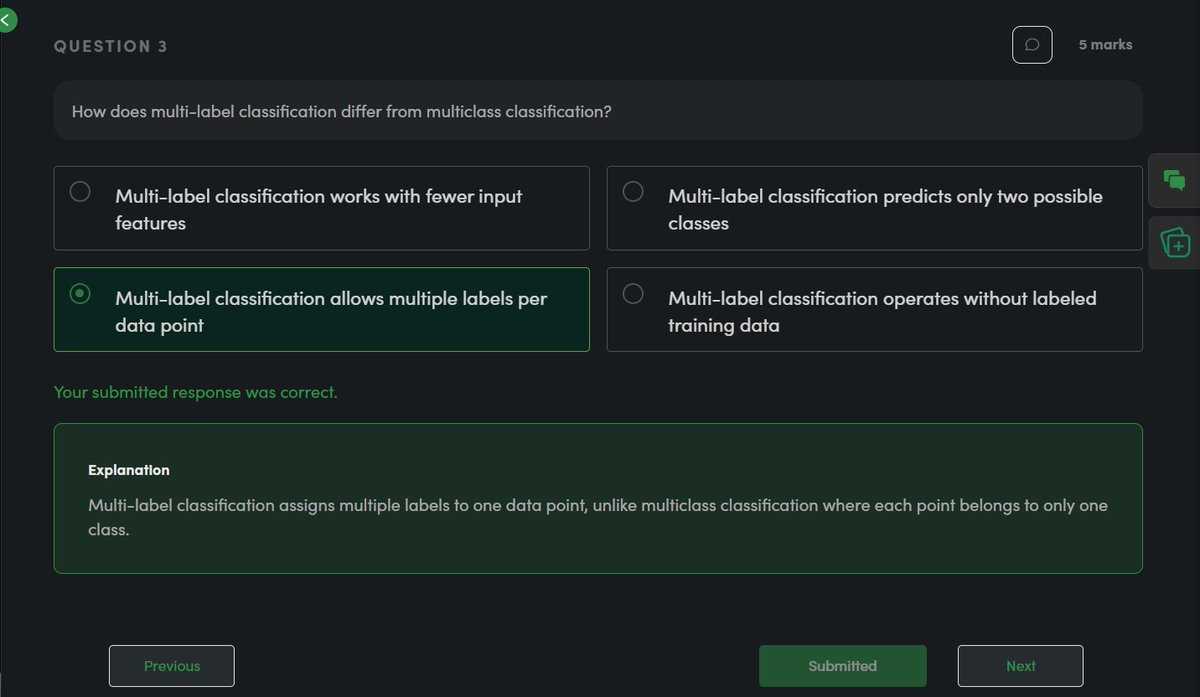 a_random_pal's tweet photo. Day 24 of #summerskillup - @geeksforgeeks

Today's quiz taught:
• Decision boundaries separate classes; Decision Trees handle complexity.
• Multi-label classification allows multiple labels; feature extraction finds key features.

Apply: https://t.co/dlVY55x3Jc
#skillupwithgfg https://t.co/hkeWUraGL2