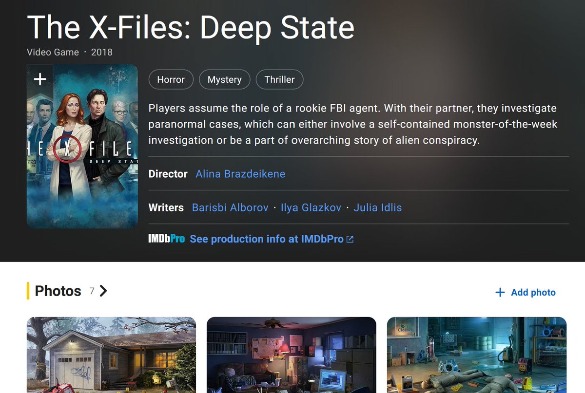 froshadowing's tweet photo. The X-Files: Deep State finally has its own page on IMDb! 

Gosh, what an experience developing it. It was my first time running a writers' room, and it really paid off - our players adored the narrative. 

Such a shame you can't play it anymore, but there're playthroughs on YT. https://t.co/o3jMK23cD5
