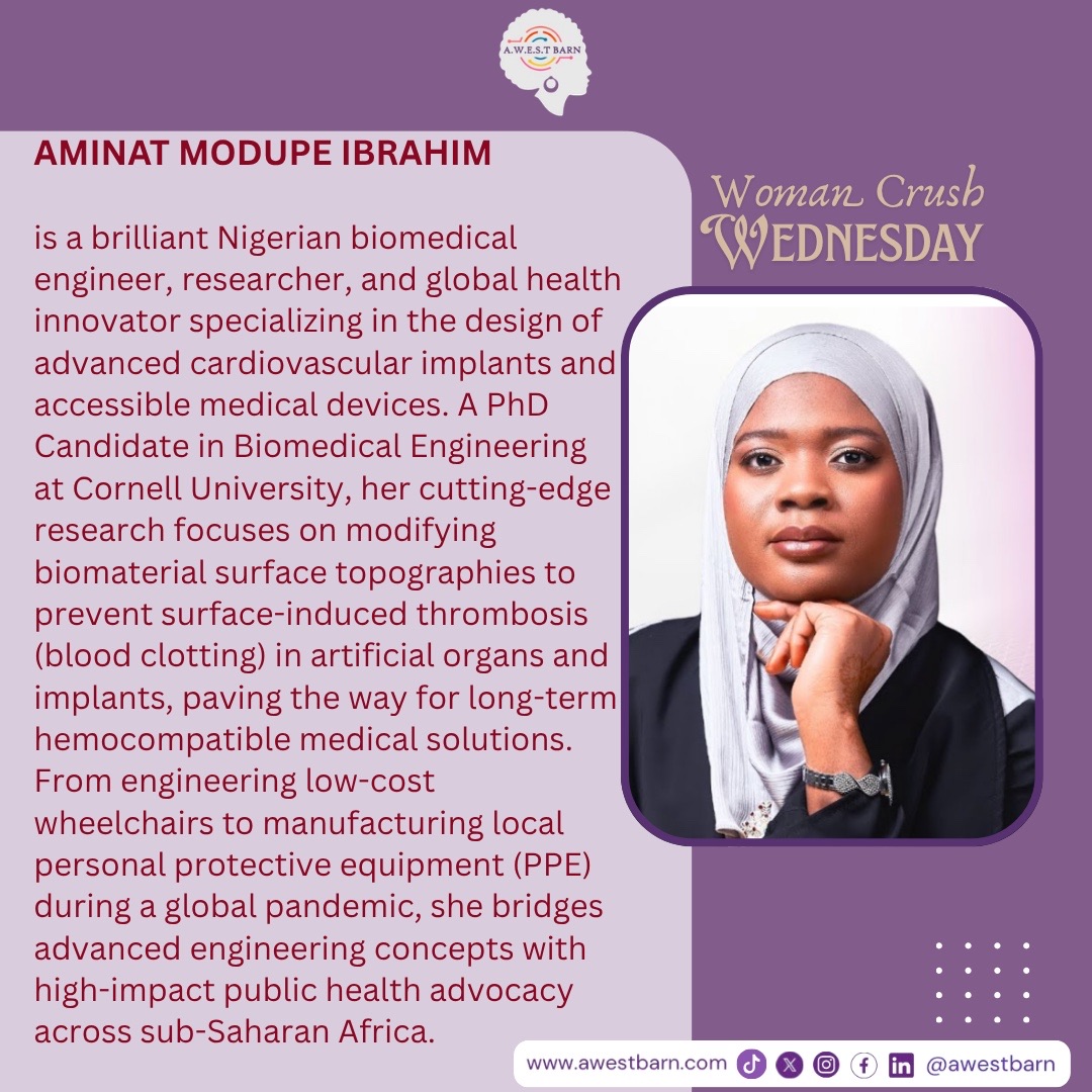 AwestBarn_'s tweet photo. Our # WCW is @AminatModupe2 the Nigerian biomedical engineer &amp; Cornell PhD Candidate optimizing artificial organs to prevent cardiovascular failures.

She is a force for global health innovation.

#AWESTBarn #YouCanBeHer  #AfricanWomenInSTEM #BiomedicalEngineering #SDG3 https://t.co/v3neFXiB3m