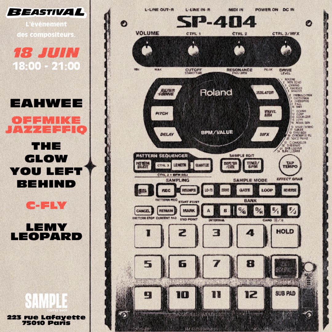 LemyLeopard's tweet photo. Last Beastival of the year (in Paris) with Eahwee, The Glow You Left Behind (Nicolas de Ferran), OffMike Jazzeffiq, and C-Fly.

If you wanna pop by: Sample Café Paris  - 223 rue Lafayette 75010 | June 18th | 6pm - 9pm https://t.co/S0MljW15df