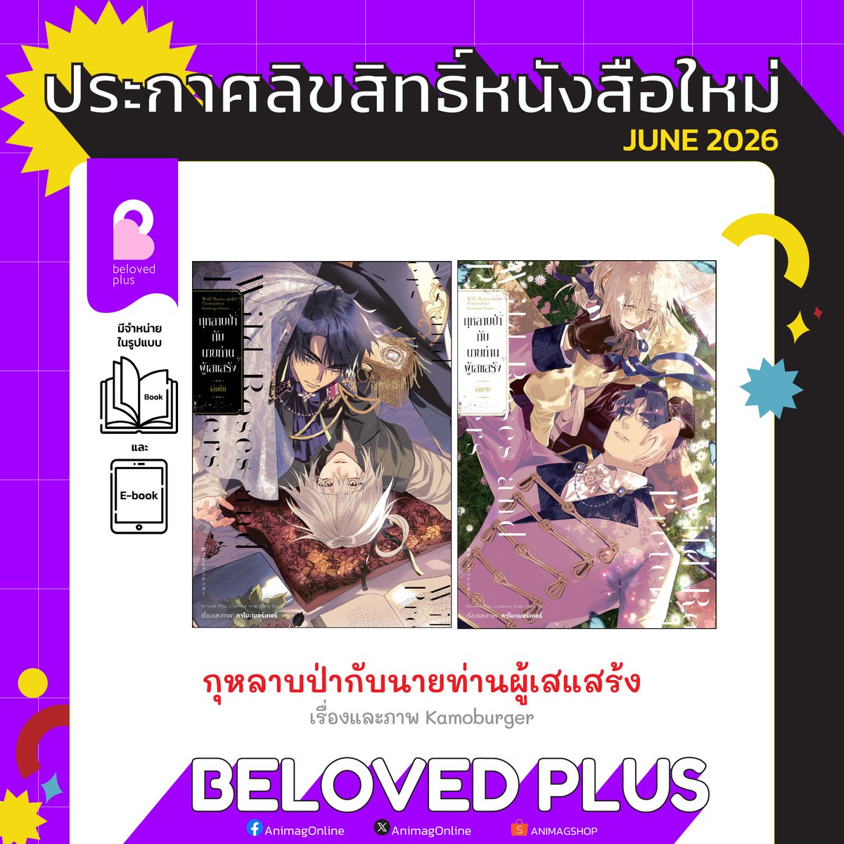 animagonline's tweet photo. 📌ประกาศลิขสิทธิ์ #AnimagLC
เดือนมิถุนายน 2026 (3/4)
.
🌹กุหลาบป่ากับนายท่านผู้เสแสร้ง 
#野ばらとプリテンダー
เรื่องและภาพ Kamoburger 
.
✅หนังสือการ์ตูน/มังงะ (#การ์ตูนวาย)
✅หมวดหนังสือ: Beloved Plus
✅2 เล่มจบ
✅มี E-Book ภาษาไทย
.
• • •
.
โนอาจำต้องเดินทางมายังตระกูลไรน์ฮาร์ทซึ่งห่างไกลจากบ้านเกิด เพื่อหาเงินค่ายาให้แม่ที่ล้มป่วย และในวันแรกที่เริ่มงาน เจ้านายอย่างรูเพิร์ทก็สั่งให้โนอาแสร้งเป็น “คนรักกำมะลอ” เพื่อหนีการคลุมถุงชน! ระหว่างที่ได้ใช้เวลาร่วมกับรูเพิร์ทผู้มักเว้นระยะห่างจากคนอื่น โนอาสังเกตเห็นความเหงาซึ่งซ่อนอยู่ในใจของอีกฝ่าย ทำให้โนอาค่อยๆ เกิดความรู้สึกอยากอยู่เคียงข้างรูเพิร์ทมากขึ้นเรื่อยๆ... อีกด้านหนึ่ง ความจริงใจและรอยยิ้มที่ชวนให้สบายใจของโนอาก็ดึงดูดรูเพิร์ทอย่างรุนแรง—
.
⚠️⚠️⚠️⚠️⚠️
ผลงานการ์ตูน (มังงะ) ดังกล่าวนี้ เป็นลิขสิทธิ์ของ สนพ.อนิแม็ก (Beloved Plus) ในเครือบริษัท A Book by AG Group Co., Ltd. ในการแปลฉบับภาษาไทย, จัดพิมพ์ และจำหน่ายผลงาน แต่เพียงผู้เดียวในประเทศไทย
หากพบว่าผู้ใดละเมิดลิขสิทธิ์ในผลงานดังกล่าว โดยการทำซ้ำ ดัดแปลง จำหน่าย หรือเผยแพร่ผลงานส่วนหนึ่งส่วนใดทางอินเทอร์เน็ตโดยไม่ได้รับอนุญาต จะถูกดำเนินคดีตามที่กฎหมายบัญญัติไว้สูงสุด
⚠️⚠️⚠️⚠️⚠️
.
✏️โปรดติดตามอัพเดทข่าวสารได้ที่แฟนเพจและทวิตเตอร์ (X) AnimagOnline
.
🎯อัลบั้มรวมประกาศลิขสิทธิ์ ปี 2025
→ https://t.co/83ueHpqP3k
🎯อัลบั้มรวมประกาศลิขสิทธิ์ ปี 2026
→ https://t.co/0ZgeLlrV96
.
#YBOOKFAIR11 #AnimagComingSoon #AnimagShop