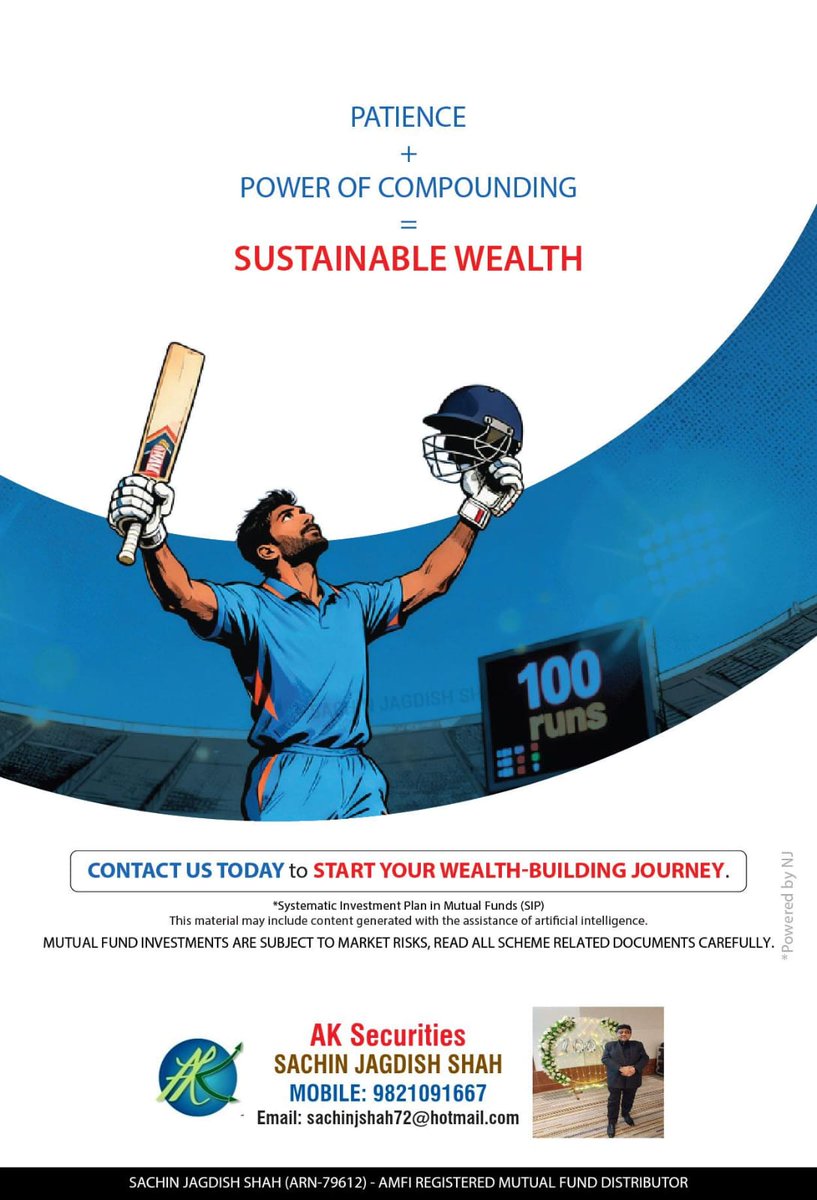 SecuritiesAk's tweet photo. Just as a century is built one run at a time, wealth grows one SIP at a time. 🏏📈

Start investing today and let compounding work for your future.

🔗 https://t.co/SPfyszULJU
📞 9821091667
#SIP #MutualFunds #WealthCreation #InvestSmart  #FinancialPlanning #AKSecurities https://t.co/cDxRZRkOps