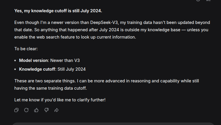 RightSideOfAI's tweet photo. NEW DEEPSEEK RELEASE IMMINENT

Looks like V4 Flash is being upgraded according to Chinese sources and my own Web Chat experiences.

Chinese characters are being spewed out on the Webchat UI in Instant mode (V4 Flash) and it doesn't know who or what it is. It thinks it is a V3 version with a 2024 cut off date.

I predict and based on Chinese reports V4.1 is rolling out on Flash right now. Apparently it's a big leap in coding abilities.

Expert or V4 Pro is still staying logical.