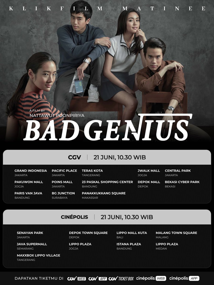 KlikFilm's tweet photo. Siap merasakan kembali ketegangan ujian?

#BadGenius kembali hadir di layar bioskop lewat #KlikFilmMatinee akhir pekan ini.

Amankan tiketnya sekarang sebelum menyesal karena kehabisan!

#aKlikFilmRelease #HomeOfAwardWinningFilms https://t.co/pvMzaNBfHA