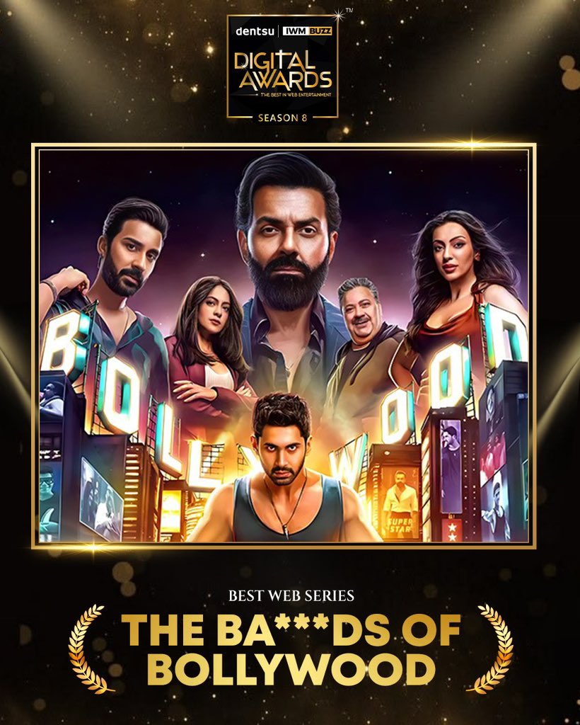 RedChilliesEnt's tweet photo. And the winning streak continues 🏆✨

The Ba***ds of Bollywood bags multiple wins at the Dentsu IWM Buzz Digital Awards Season 8.

Best Web Series — The Ba**ds of Bollywood
Best Direction in a Web Series — Aryan Khan, The Ba***ds of Bollywood
Most Popular Actor in a Web Series — Lakshya, The Ba***ds of Bollywood 
Most Popular Actor in a Comic Role in a Web Series — Raghav Juyal, The Ba***ds of Bollywood
Best Supporting Actor in a Web Series — Rajat Bedi, The Ba***ds of Bollywood
Best Editing in a Web Series — Nitin Baid, The Ba***ds of Bollywood

#TheBadsOfBollywoodOnNetflix