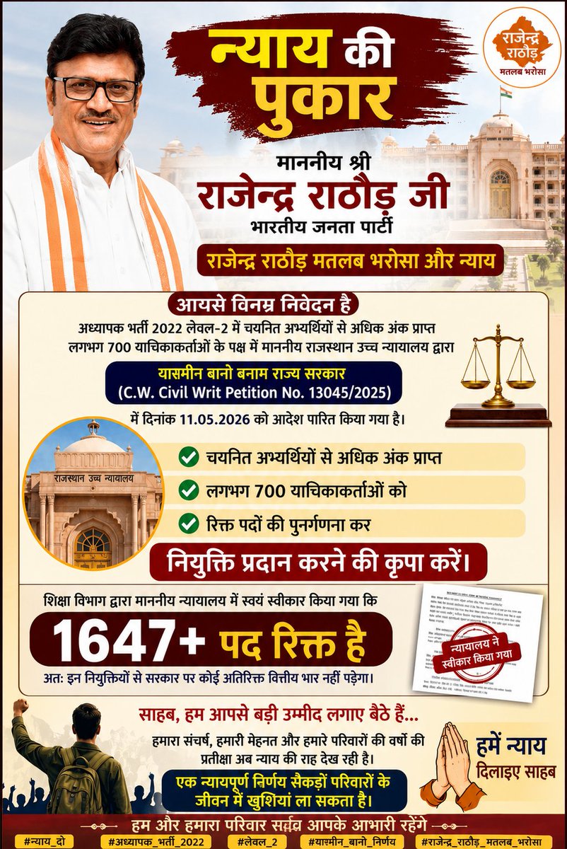UMESHBISHNOI25's tweet photo. @Rajendra4BJP माननीय @Rajendra4BJP जी
आपसे निवेदन है
हम #पिछली सरकार से #पीड़ितहै
#अध्यापक_भर्ती_2022
#लेवल_2_मे_चयनित_से_अधिक_अंक_वालो को मा.उच्च न्यायालय 11/05/26 के आदेश अनुसार #केवल_700_याचिकाकर्ता_नियुक्ति_दिलवाने की कृपा करे 
1647 सीट रिक्त है कोई एक्स्ट्रा वित्त भार नही पड़ेगा
Plz help https://t.co/vKCKS5DpIv