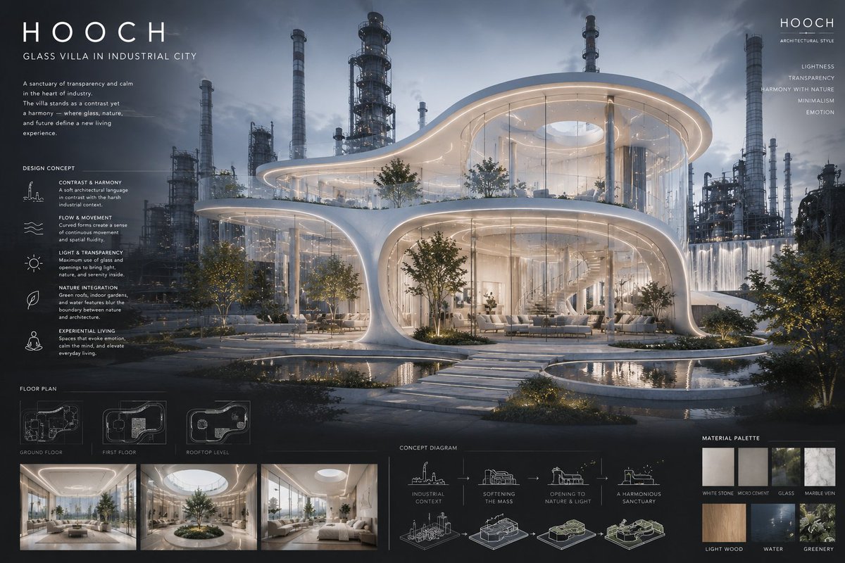 JKarlos28000's tweet photo. In a world of steel, smoke, and noise, HOOCH creates a sanctuary of light, transparency, and reflection. Architecture should not only be seen—it should make us think, feel, and question the boundaries between nature, reality, and imagination.

#HOOCH #Architecture #ConceptDesign https://t.co/6X1vGj9EFV