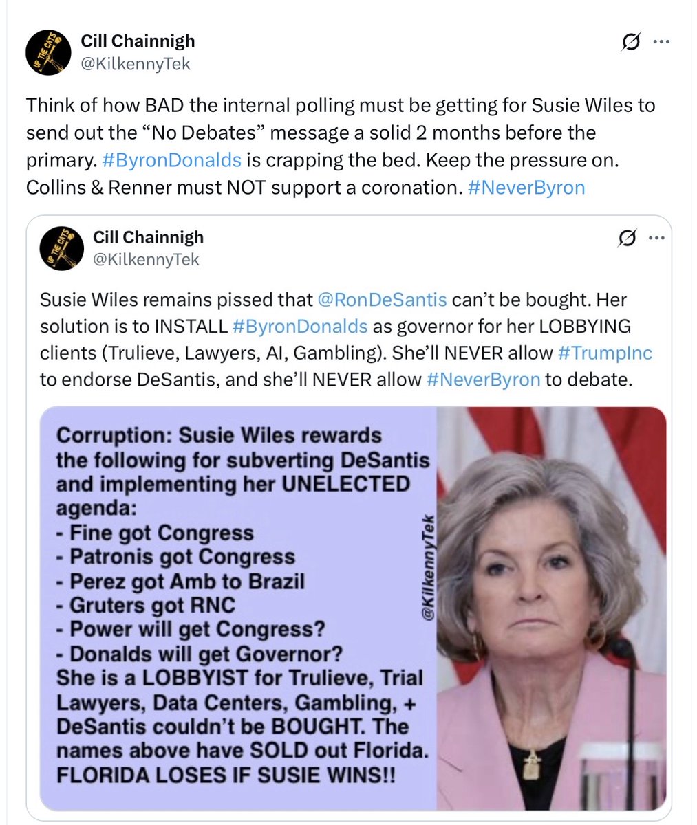 KilkennyTek's tweet photo. Susie Wiles has COMPLETE control over the @FloridaGOP and her flunky #EvanDUI. She will NOT ALLOW any questions about #ByronDonalds Insider Trading, Optima Charter School Scam, Why He Calls Donors “Investors”, etc. She wants #NeverByron INSTALLED, not ELECTED. https://t.co/hsjRZm6jLl