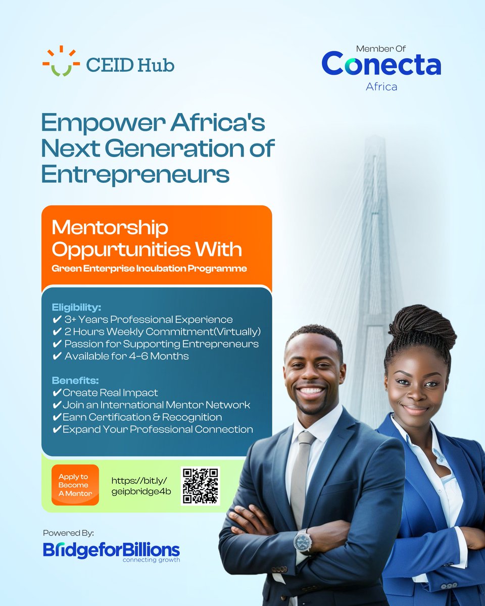 CeidHub's tweet photo. 🌍 Are you an experienced professional with a passion for entrepreneurship?

Join CEID Hub &amp; Conecta Africa @Bridge4Billions  as a Mentor on the Green Enterprise Incubation Program!

✅ 3+ years experience (any field)
✅ ~2hrs/week commitment
✅ Global mentor community https://t.co/aYU0RFwqN5
