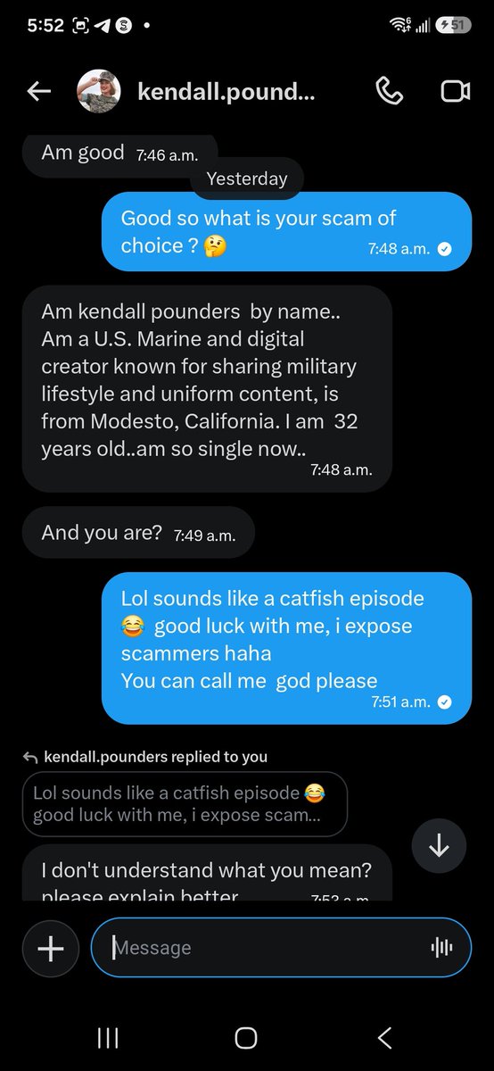 KruzzyCEO's tweet photo. Another scammer exposed MOMO! 😂😂😂 wake up sergeant and go on pretend to have boobies to get that mulaahh ! 🥰🤣

#scammers #romance #catfished #expose #losers #momo #scamalert #nofilter #poopmaster #king #milfshunter https://t.co/7A1YsGeG9U