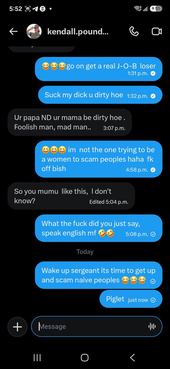 KruzzyCEO's tweet photo. Another scammer exposed MOMO! 😂😂😂 wake up sergeant and go on pretend to have boobies to get that mulaahh ! 🥰🤣

#scammers #romance #catfished #expose #losers #momo #scamalert #nofilter #poopmaster #king #milfshunter https://t.co/7A1YsGeG9U