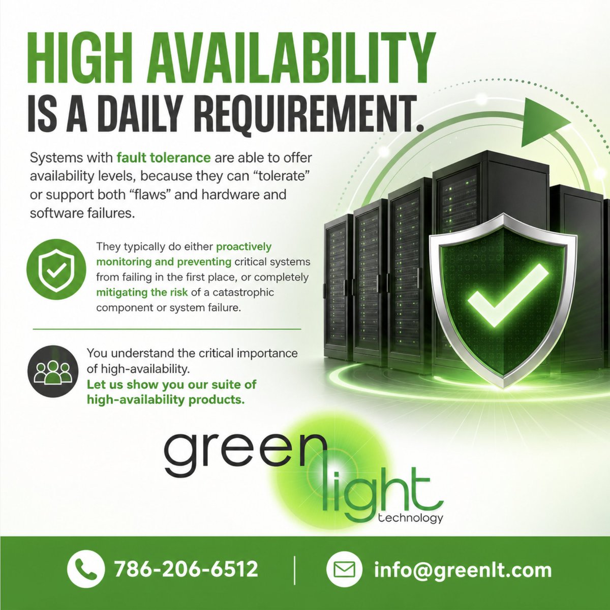 GreenLtTech's tweet photo. You understand the critical importance of high-availability. Let us show you our suite of high-availability products. 786-206-6512 info@greenlt.com https://t.co/MH6ZHQXDmU