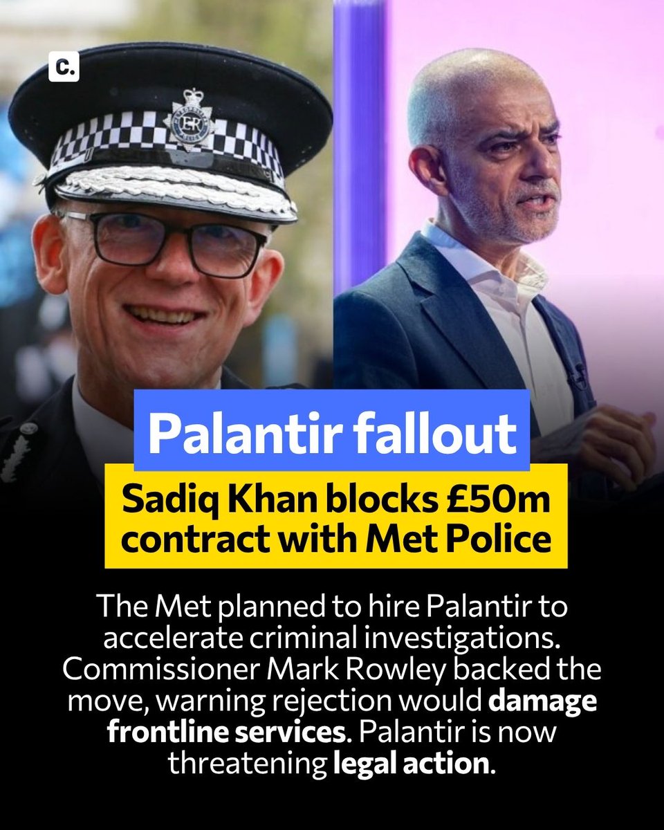 UKChange's tweet photo. Palantir plan to take legal action over London Mayor Sadiq Khan’s veto of a £50m Met Police deal. 

Meanwhile a petition calling for a parliamentary debate on Palantir’s Role in UK Defence, Security &amp; Public Services continues to grow. 

Petition link 👉 https://t.co/nOCeJwG1Vb https://t.co/FmTlfJPXRH