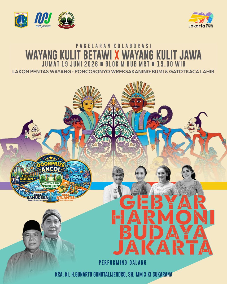 mrtjakarta's tweet photo. Memeriahkan HUT Kota Jakarta ke-499, Wayang Kulit Betawi dan Wayang Kulit Jawa hadir di Blok M Hub? Catat tanggalnya! 

🗓️ Jumat-Sabtu/19-20 Juni 2026 
📍 Area Parkir Blok M Hub 
⏰ 18.00 s.d. 04.00 WIB 

Paguyuban Jawa Tengah menyelenggarakan Gebyar Harmoni budaya sebagai bentuk kontribusi nyata dalam merawat bertemunya keberagaman budaya dan tradisi di Kota Jakarta. 

Paguyuban Jawa Tengah sebagai representasi masyarakat perantau Jawa Tengah di Jakarta menggandeng Pekumpulan Pedalangan Indonesia dan Paguyuban Masyarakat Betawi sebagai tuan rumah budaya lokal untuk menghadirkan harmoni melalui seni pertunjukan wayang kulit.

Acara ini tidak memungut biaya apapun (gratis).

#MRTJakarta 
#UbahJakarta