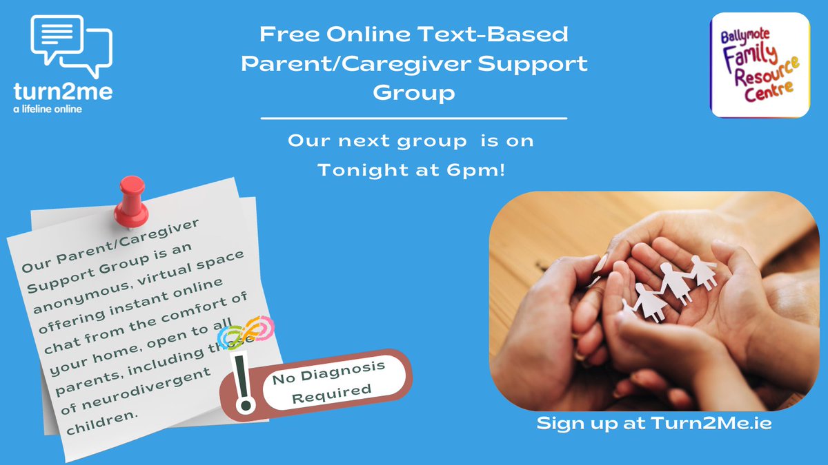 Turn2me's tweet photo. Our Parent/Caregiver Group in partnership with @BallymoteCentre is on Tonight at 6pm!   Join us at https://t.co/eR5Ck3eAFS &amp; chat by text with others who understand.
No diagnosis required!
#alifelineonline #mentalhealth #parents #caregiver #ADHD #neurodivergent #Turn2Me
@frcnf https://t.co/GihepV4akC