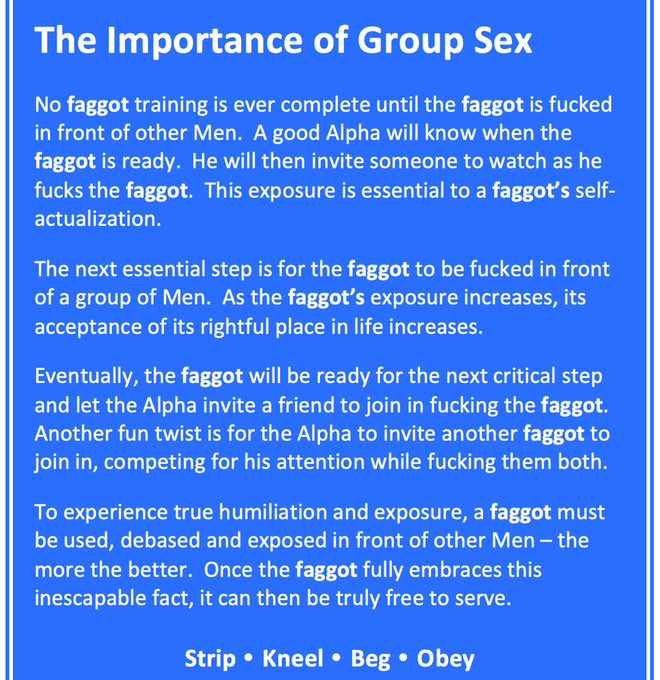 VickyVicky4152's tweet photo. The Importance of Group Sex 🔥 No faggot training is complete until it’s fucked in front of other Men. 📷Exposure. Humiliation. Acceptance. 📷#FaggotTraining #GroupSex #Humiliation #Faggot #NSFW #BDSM #AlphaMale #Submissive #Exposure #GayKink https://t.co/UcNfXCmqTz