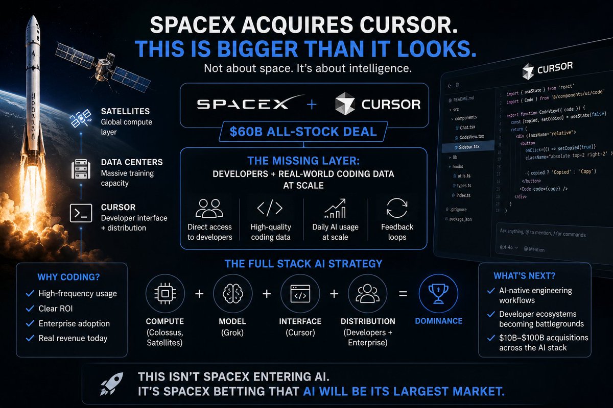 MSkylion's tweet photo. SpaceX acquiring Cursor is strategic.

A space company buying an AI coding startup signals one thing:
the real race is no longer space – it’s intelligence.

Cursor gives @SpaceX immediate access to:

> Developers
> High-quality coding data
> Daily AI usage at scale

This is the missing layer most infra players lack:
👉 distribution + feedback loops

Coding is the most valuable AI wedge today:

> Clear ROI
> Sticky usage
> Enterprise adoption

Meaning @cursor_ai isn’t just a tool, it’s a revenue engine + data moat.

For SpaceX, this solves multiple problems overnight:

Weak AI positioning → upgraded
No dev ecosystem → acquired
Limited product surface → expanded

This is vertical integration in action:
compute + models + interface + users

We’re seeing a clear pattern:

👉 Infrastructure giants are buying application-layer winners

Because in AI, owning the user > owning the model.

What’s next:
AI-native engineering workflows
Developer ecosystems are becoming battlegrounds
Consolidation across the AI stack ($10B–$100B deals)

Bottom line:
SpaceX isn’t entering AI.

It’s positioning to compete for the largest market of the next decade.