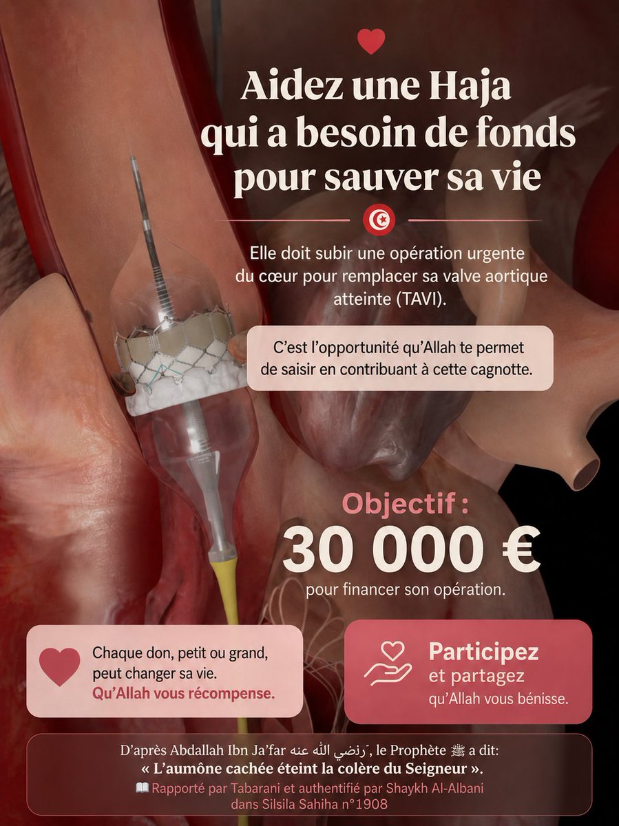 oualidibnmo's tweet photo. ❤️🇹🇳Aidez une Haja qui a besoin de fonds pour payer son intervention au coeur, c’est l’opportunité qu’Allah te permet de saisir en contribuant à cette cagnotte. 
➡️L’intervention pour remplacer la valve aortique de notre grand mère est estimée à 30 000€ et se déroulera à Tunis https://t.co/yy8l5b6tf8