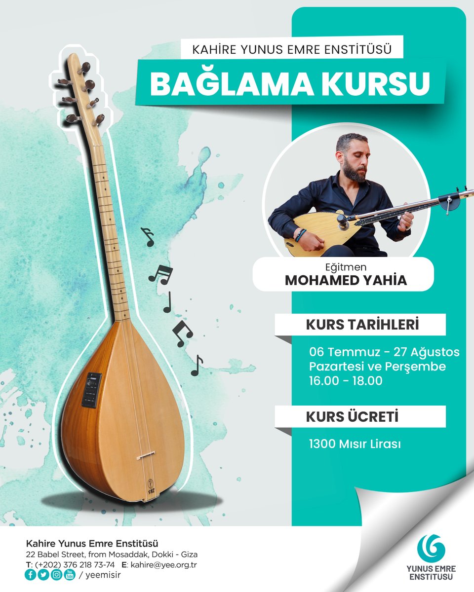 yeemisir's tweet photo. 🎶 Kahire YEE’de Bağlama Kursu Başlıyor!

Anadolu’nun ruhunu taşıyan bağlamayı, uzman eğitmen Mohamed Yahya eşliğinde öğrenmeye ne dersin?

Başvurular için 👇🏼
🔗https://t.co/Q5vbsVPQGS

#YunusEmreEnstitüsü https://t.co/YF92kwIDWk