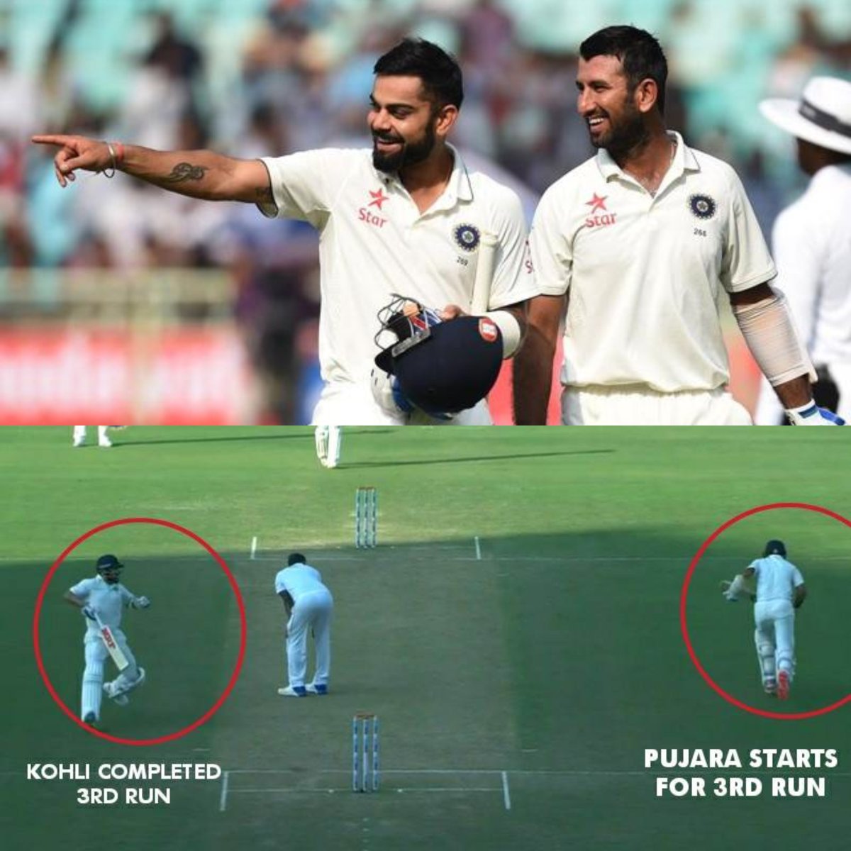 worshipVK's tweet photo. Virat made me feel embarrassed 🚨

Pujara on their iconic four run marathon between the wickets - 

"I thought Kohli had played for an easy two. As soon as I completed the second run, I saw Kohli already touching my crease and shouting 'Bhaag Pujji' so I got confused and just ran the third.

The moment I finished the third, I saw Kohli right behind me telling me to run a fourth. I couldn't believe it. While running the fourth, I was honestly just praying that he wouldn't ask for a fifth." 😂

"It made me feel embarrassed because I'm nowhere near his fitness level. But the funny thing is, even today's kids would struggle to beat that man between the wickets." 🙏