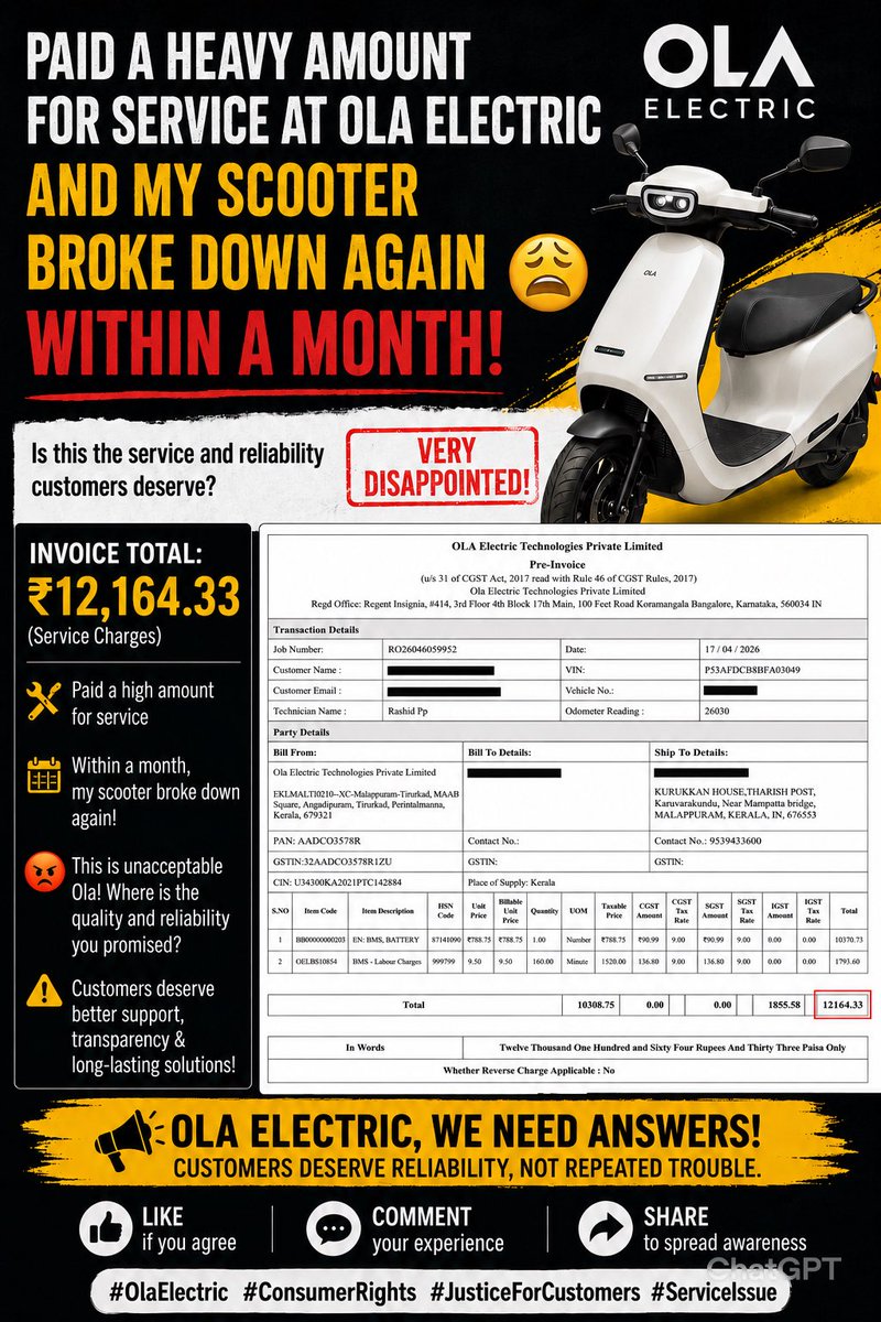 SHAMSU_KURU's tweet photo. Paid a huge amount for a new BMS, and it failed again within just 2 weeks. Ola refuses to replace or repair it. Worst after-sales service I’ve ever experienced. Customers deserve better. Think twice before buying an Ola scooter.

#OlaElectric #PoorService #CustomerComplaint https://t.co/yihyuV56OR