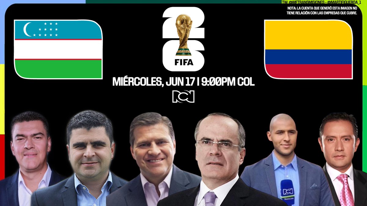 MFTransmisiones's tweet photo. 🌎 @FIFAWorldCup 2026 - Grupo K (Fecha 1)

@UzbekistanFA 🇺🇿 - @FCFSeleccionCol 🇨🇴

Relator: @EduardoLuisFut
Comentaristas: @JFCadavid, @RICHENAO y Juan José Peláez
Campo de Juego: @gamboadeporte y @jfneira

📺: @CanalRCN (@DeportesRCN)

📱 ¡Síguenos! https://t.co/EdiW0RGtxN