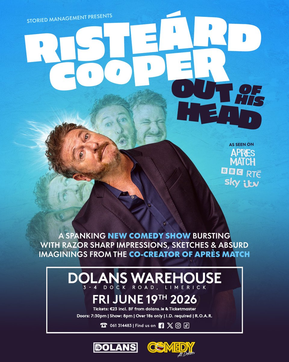mydolans's tweet photo. ***THIS FRIDAY***
Risteard Cooper, Dolans Warehouse, doors 7.30pm 
Tickets here: https://t.co/Qwa5FKFC9Q

A spanking new solo comedy show bursting with razor sharp impressions, sketches and absurd imaginings from the co-creator of Après Match. https://t.co/FFCSRUgjYP