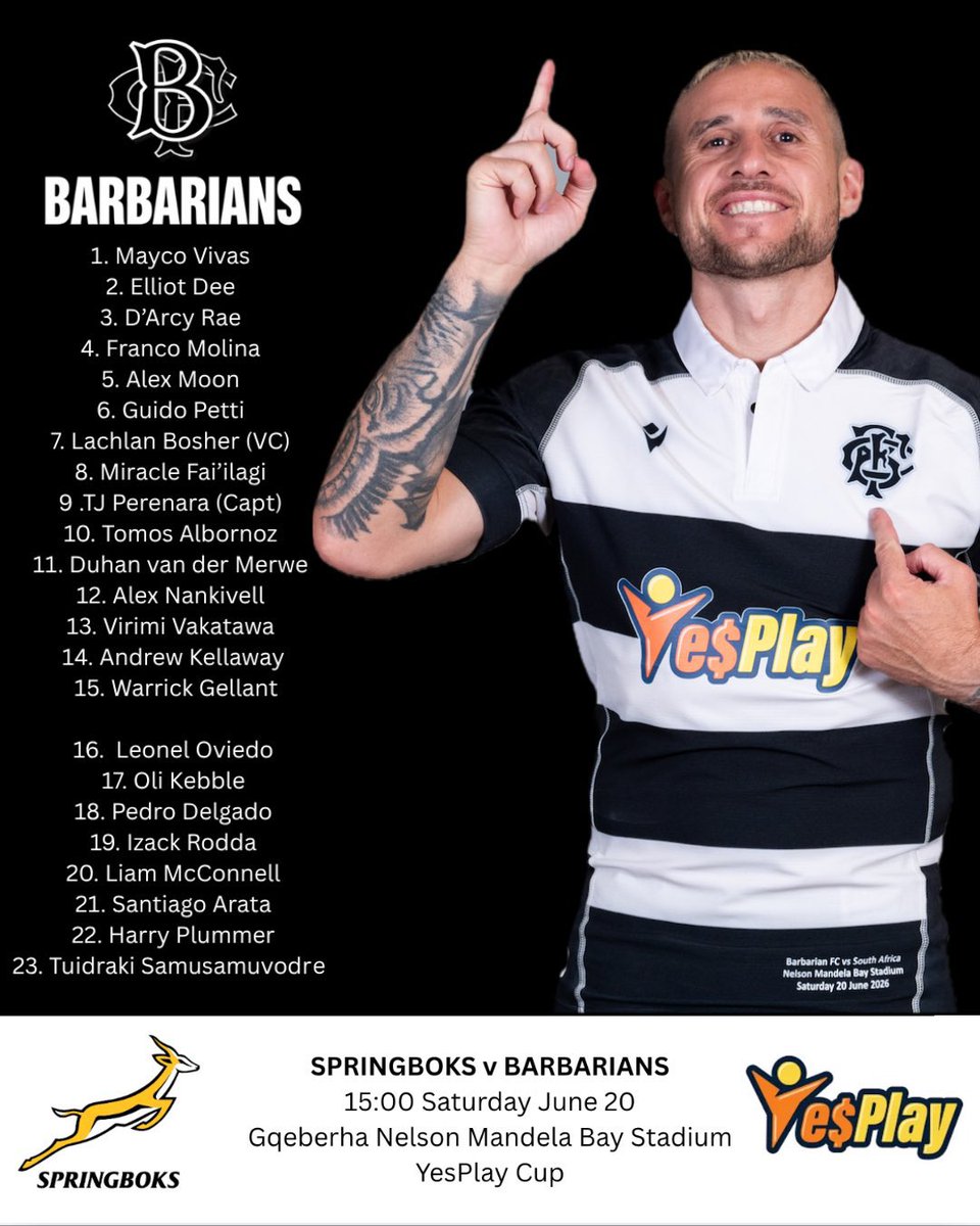 GauthierBaudin's tweet photo. La compo des Barbarians Britanniques pour défier les Springboks samedi avec TJ Parenara capitaine !

Vivaz, Moon, Albornoz, Vakatawa, Arata et Plummer présents dans les 23 ! https://t.co/W5jRAlC9LP
