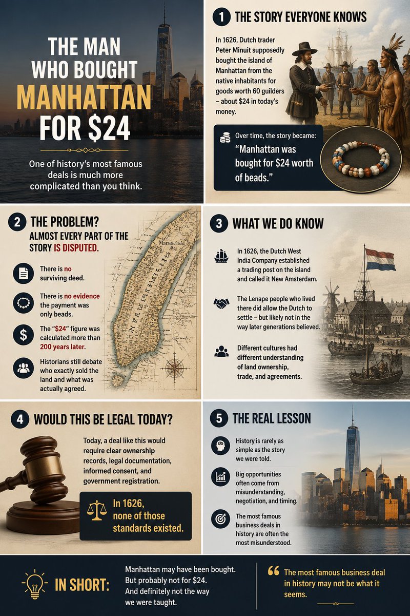 Sam__nkp's tweet photo. The Man Who Bought Manhattan for $24
In 1626, Peter Minuit supposedly bought the entire island of Manhattan for goods worth around $24.
Today that land is worth trillions.
But the real story is far more complicated than the legend…
Swipe through 👇
The most famous business deal in history may not be what it seems.