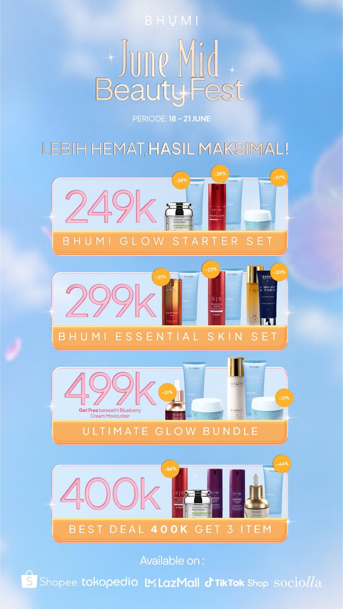BhumiOfficial's tweet photo. ‼️ CATET TANGGALNYA ‼️

Bhumi bakal ngadain mid month sale mulai besok, 18-21 Juni 2026! Bakal ada banyak deals menarik mulai dari voucher 50k, buy 1 get 1, sampai free product!

Jgn sampai ketinggalan! Kamu bisa dapetin deals ini di Shopee, Lazmall, Tiktok Shop, dan Sociolla! https://t.co/tY2Uz0dVs8