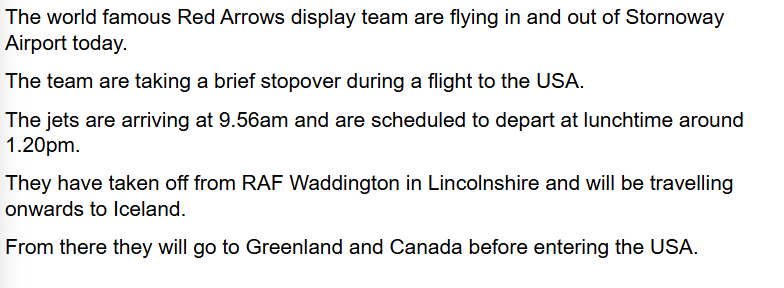 iain_00's tweet photo. The excellent @rafredarrows display team are enroute to USA to take part in their Independence celebrations there.
Stopover at @SYYAirport - details below from Hebrides News.
Good practice for Scottish Indy celebrations... 😱
#IndependenceIsNormal https://t.co/JyI05thAX7