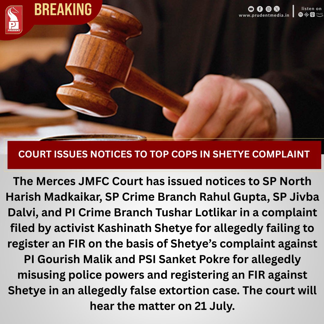prudentgoa's tweet photo. Court Issues Notices To Top Cops In Shetye Complaint
#KashinathShetye #MercesCourt #JMFCMerces #GoaPolice #CourtNotice #LegalCase #HarishMadkaikar https://t.co/yKt3SMm5jH
