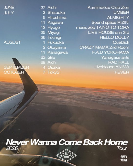 HONEST_1617's tweet photo. 【Upcoming Shows】

HONEST
"Never Wanna Come Back Home Tour"

-

Day2
2026.07.03(Fri) 静岡 UMBER

Day3
2026.07.05(Sat) 広島 ALMIGHTY

w/ See You Smile + UNMASK aLIVE
@SeeYouSmile_  @unmaskalive 

-

🎫 : Adv ¥3500 / チケット一般販売中
https://t.co/CkAWdGMEuY https://t.co/0EoYmY8xvN