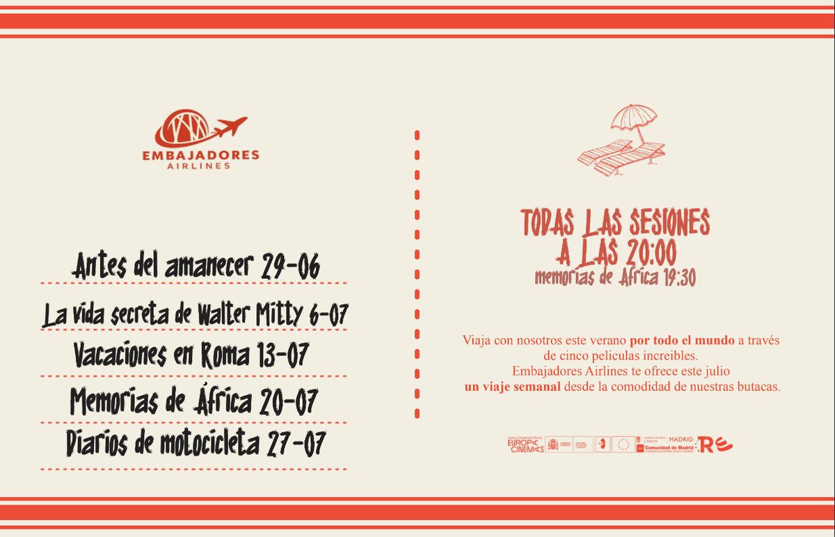 CineEmbajadores's tweet photo. 🪭✈️ ¡¡TENEMOS SEGUNDA EDICIÓN DE “EMBAJADORES VOYAGE”!! 🪭✈️

¿Te acuerdas de esos veranos que huelen a mezcla de nostalgia y primeras veces? ÑAM 

Primera cita > #AntesDeAmanecer 29 junio a las 20:00 🌞 y todas las demas sesiones ya a la venta en web y taquilla https://t.co/UyhhzYhD3J