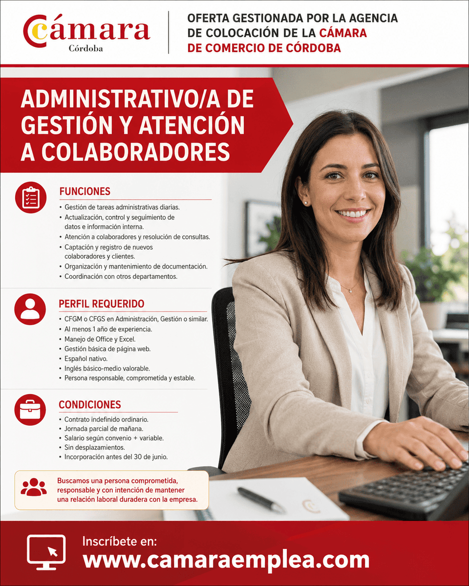 camaraemplea's tweet photo. Camara Emplea: ADMINISTRATIVO/A DE GESTION Y ATENCION A COLABORADORES en #cordobaesp @camaraofcordoba > https://t.co/CQmBTok38n #camaraemplea https://t.co/BNNmvPCfU1