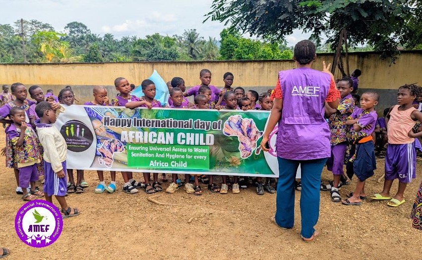 AmefFoundation's tweet photo. Every African child deserves clean water, a clean home, and room to thrive. Today AMEF joined the Ministry of Social Affairs in Kumba for #DayOfTheAfricanChild school visits, orphanage outreach, radio talks &amp; hygiene education. #DayOfTheAfricanChild2026 #WASH
#sowetouprising https://t.co/EdiArV7zb7