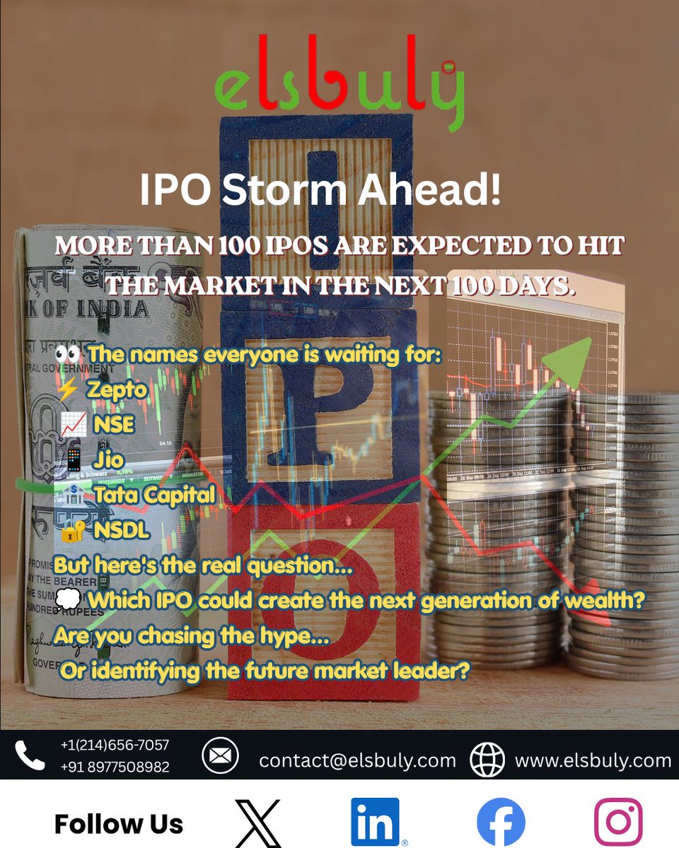 elsbuly's tweet photo. 100 IPOs. 100 Days. One Big Opportunity.

India's primary market is gearing up for a massive IPO wave, with over 100 companies expected to hit the market in the coming months.

From household names like Zepto, NSE, Jio, Tata Capital, NSDL, and PhysicsWallah to several emerging businesses, investors will have no shortage of opportunities.

But successful investing is not about applying for every IPO.

It's about identifying:
✅ Strong business models
✅ Scalable growth opportunities
✅ Sustainable competitive advantages
✅ Reasonable valuations
The biggest wealth creators are often recognized not by following the crowd, but by understanding the business behind the buzz.
📈 The next 100 days could redefine investment opportunities in India.
💭 Which upcoming IPO are you most excited about, and why?
#IPOStorm #UpcomingIPOs #ZeptoIPO #NSEIPO #JioIPO #TataCapitalIPO #NSDLIPO #PhysicsWallahIPO #IndianStockMarket #Investing #WealthCreation #StockMarketIndia #MarketOpportunities #IPOInvesting #Elsbuly