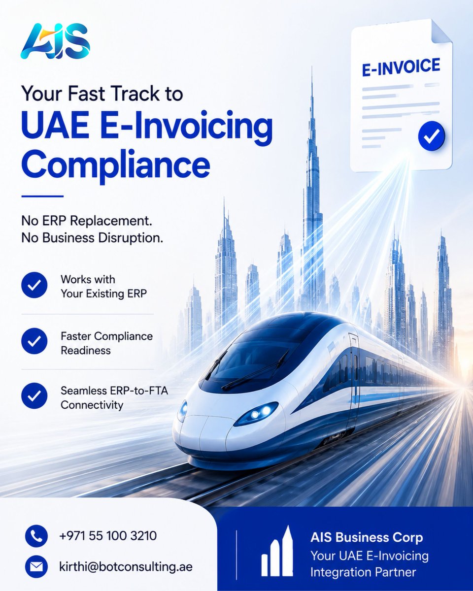 ananthinfo's tweet photo. 🚄 Your Fast Track to UAE E-Invoicing Compliance
The UAE e-Invoicing mandate is approaching. Is your ERP ready?
AIS Business Corp helps businesses connect their existing ERP systems directly to the UAE FTA ecosystem https://t.co/v5qVyoS4jp