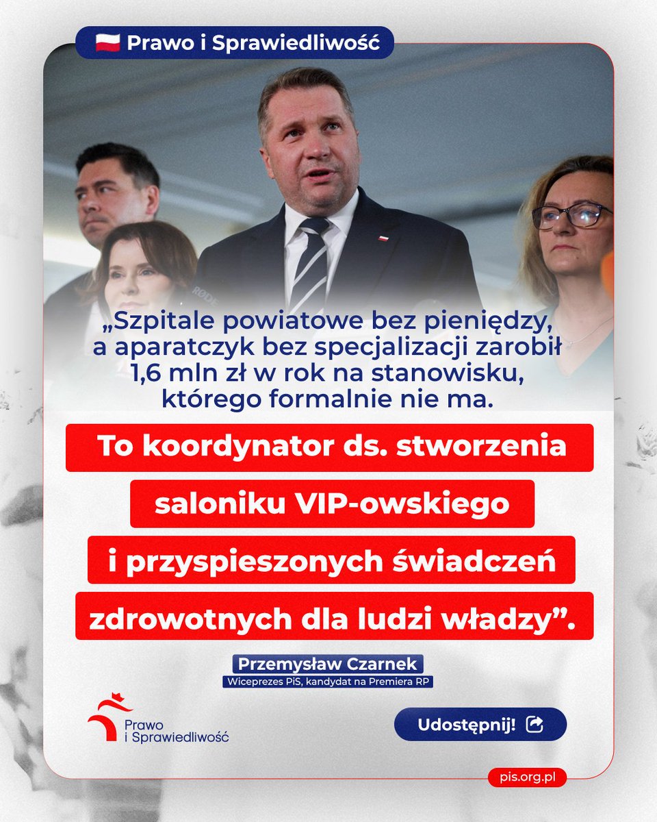 pisorgpl's tweet photo. Szpitale powiatowe bez pieniędzy, a aparatczyk bez specjalizacji zarobił 1,6 mln zł w rok na stanowisku, którego formalnie nie ma❗#ElitaKOryta

Wiceprezes PiS, kandydat na Premiera RP @CzarnekP ⤵️ https://t.co/j3E8hEPazn