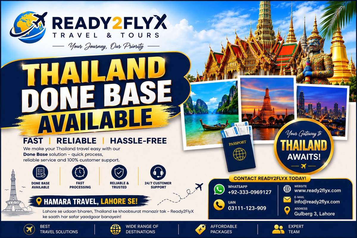Ready2flyx's tweet photo. 🌍 Great journeys begin with one decision.

Discover Thailand with confidence through Ready2FlyX — where fast service, trusted guidance, and unforgettable experiences come together.

✈️ Departing from Lahore
#Ready2FlyX #ThailandAwaits #TravelFromLahore #ThailandTravel https://t.co/EUoWm7yoQM
