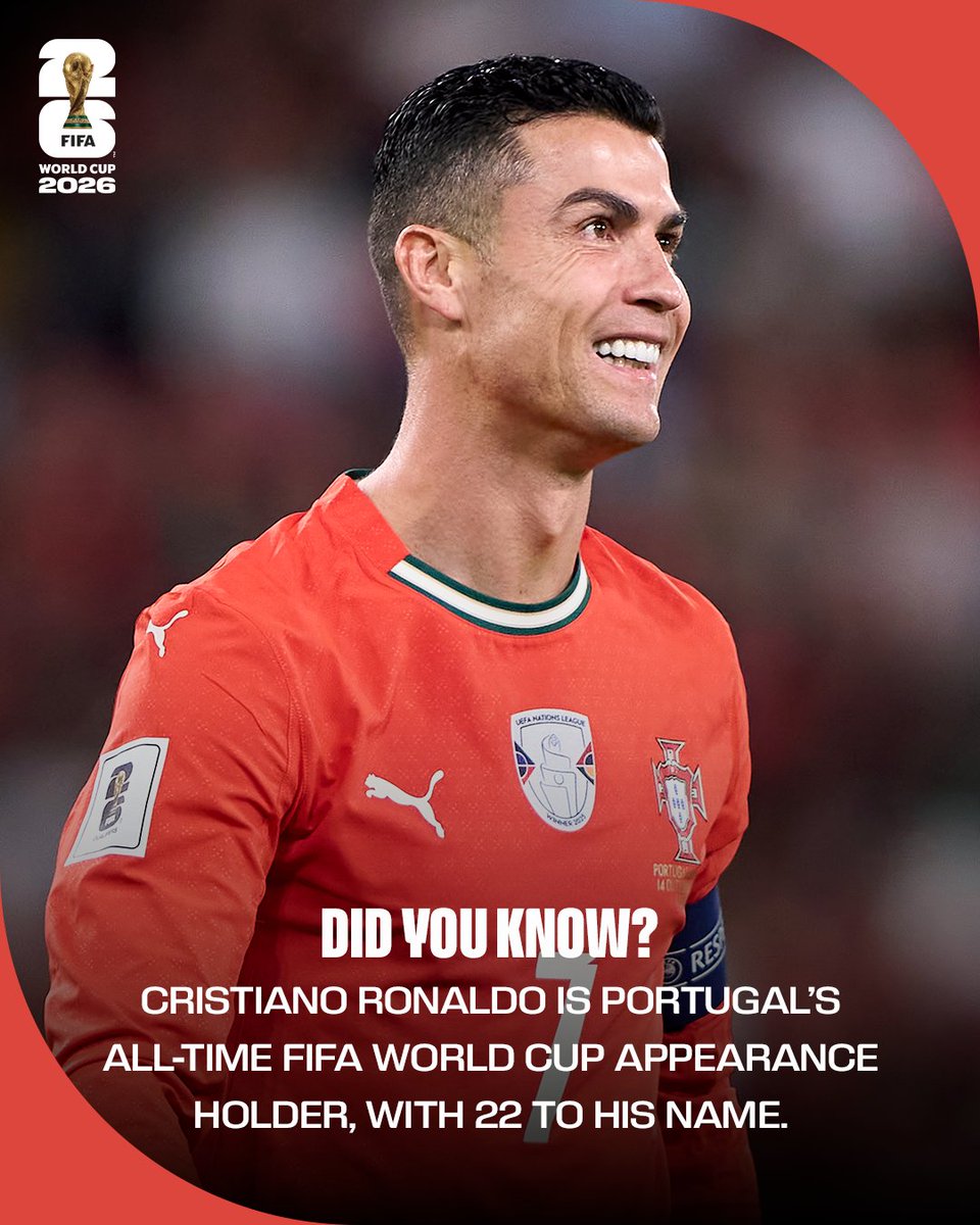 SportPulse_X's tweet photo. Leading the way for Portugal 🇵🇹

Cristiano Ronaldo has made more @FIFAWorldCup appearances than any other player in his nation’s history, as he prepares for his sixth FIFA World Cup. 🏆 https://t.co/JZl15EJP3U