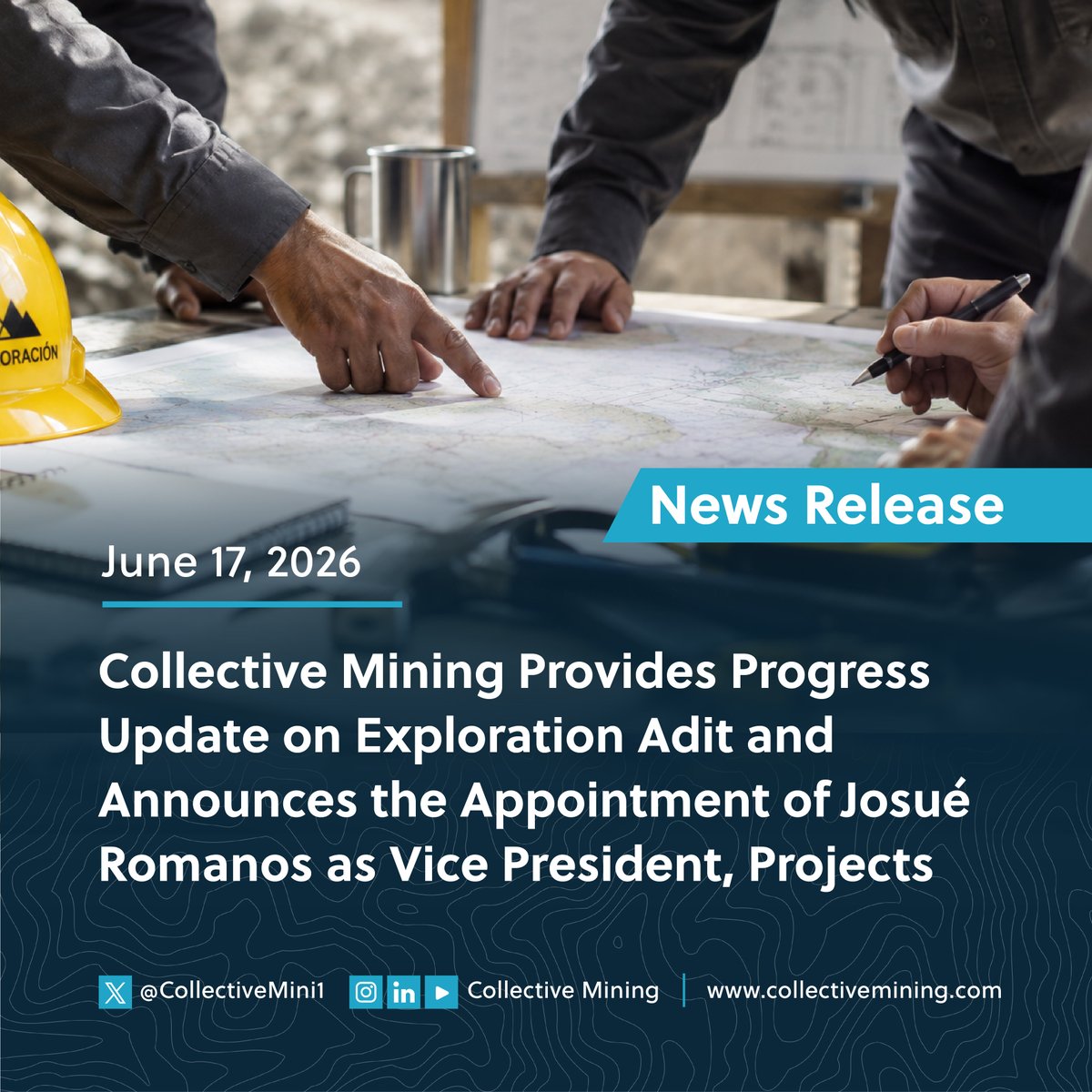 CollectiveCNL's tweet photo. 📢 News Release | $CNL $CNL.T

Collective Mining Provides Progress Update on Exploration Adit and Announces the Appointment of Josué Romanos as Vice President, Projects.

Read it now: 👇🏼
https://t.co/iuw1mHSsTS https://t.co/skawDqxdBZ