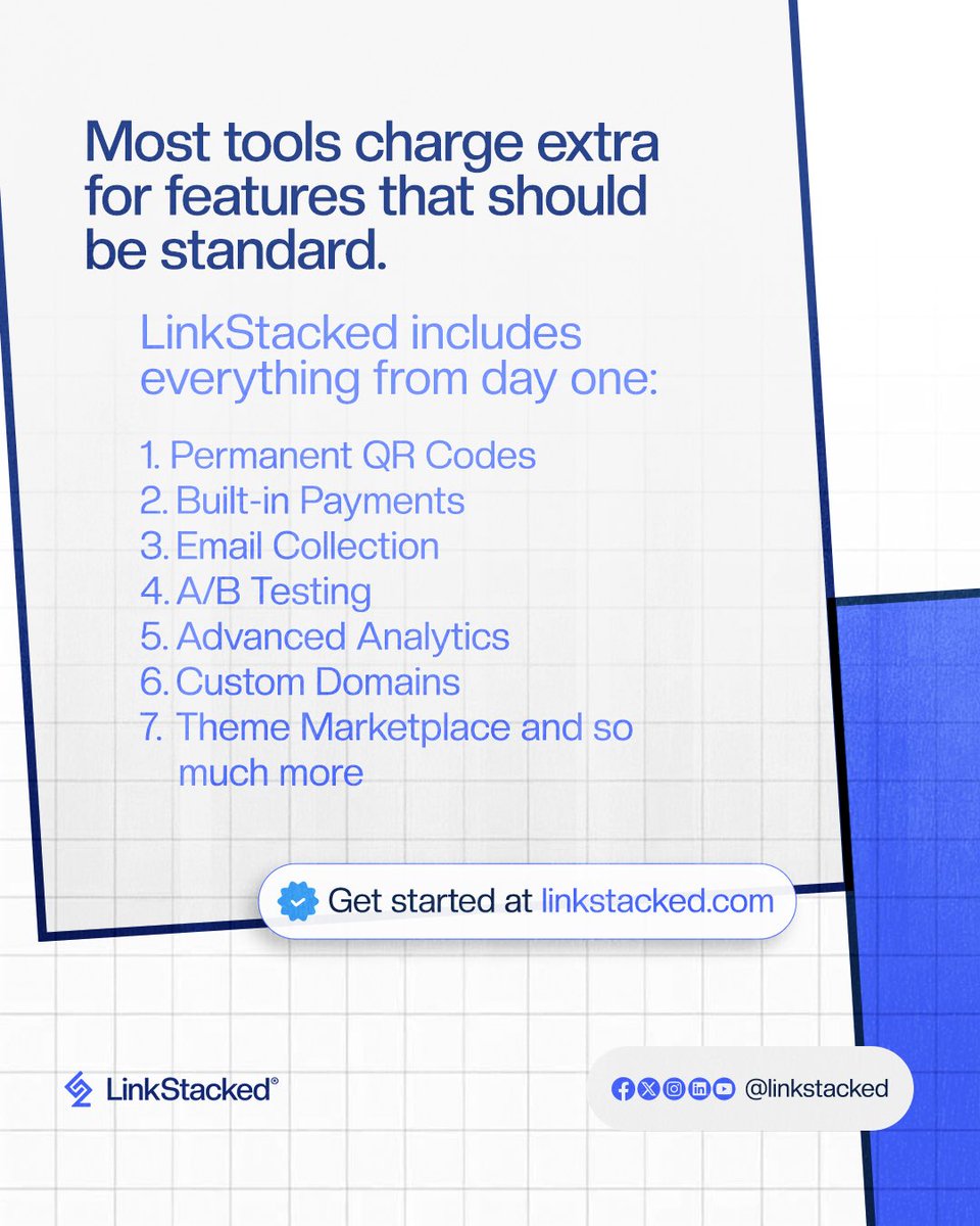 LinkStacked's tweet photo. With LinkStacked, you get the tools you need from day one:

✅ Permanent QR Codes  
✅ Built-in Payments  
✅ Email Collection    
✅ Theme Marketplace &amp; more

Everything in one powerful link-in-bio platform built for YOU!

Get started at https://t.co/PSpWWhVbn7 

#LinkInBio https://t.co/2LGP5PYe00