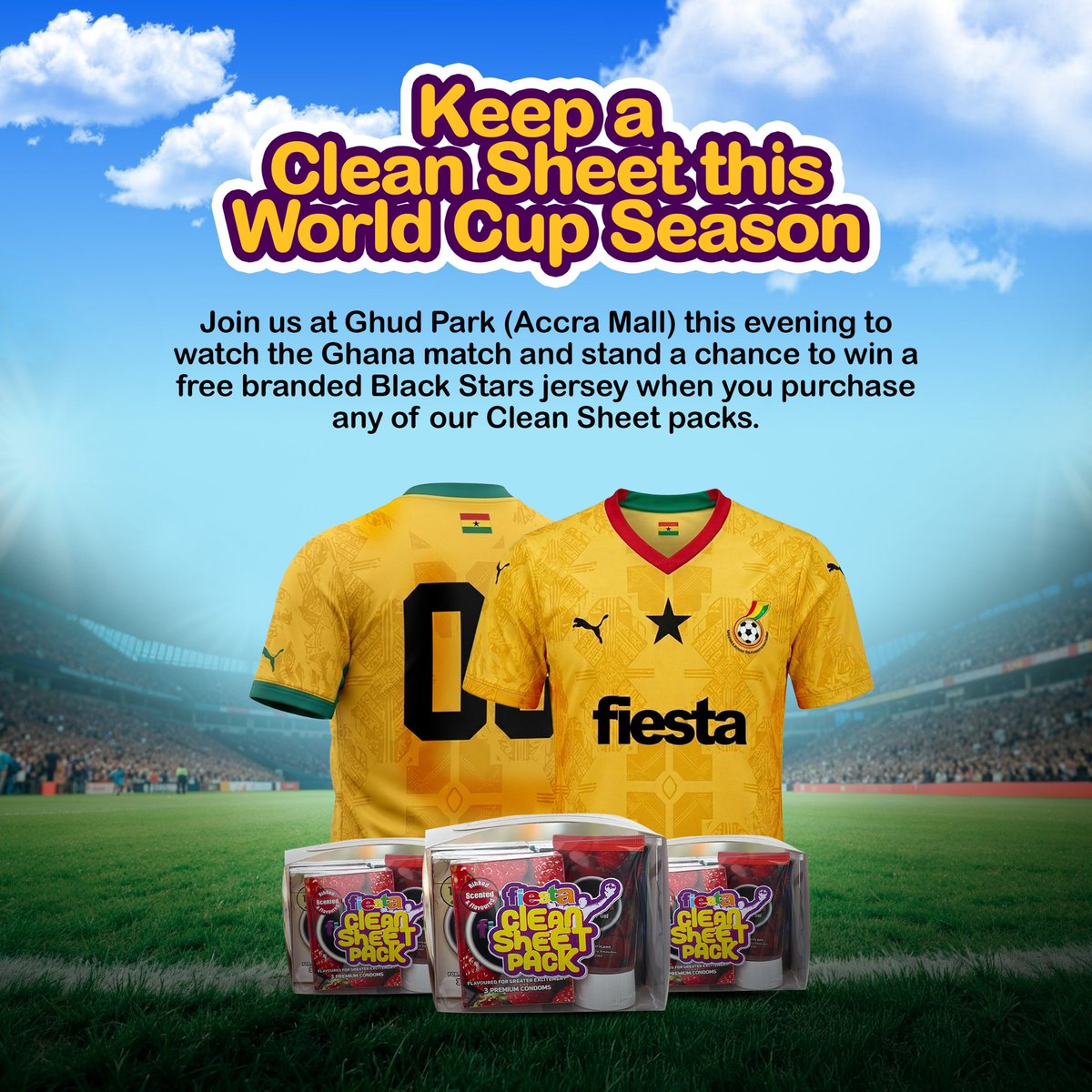FiestaCondomsGH's tweet photo. Keep a clean sheet this World Cup season. Buy a Fiesta clean sheet pack and win a Fiesta branded Ghana jersey
#ghana🇬🇭
#ghanafootball
#FiestaGhana
#KeepACleanSheet https://t.co/LvHb8WZJaS