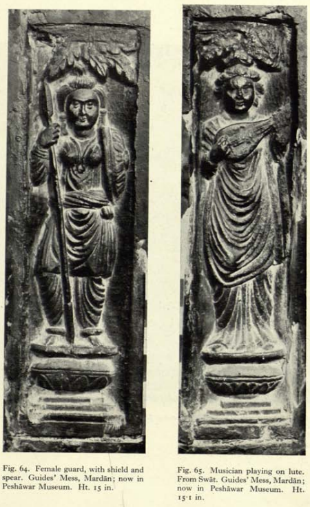 DhammaRhymes's tweet photo. At the edges of a Gandharan Buddhist relief stand two beautiful figures: a female guard in native dress, armed with shield and spear, and a musician in Greek attire playing a lute. 
In these small details, the cosmopolitan world of ancient Gandhara comes vividly to life. https://t.co/ggJqSnohCz